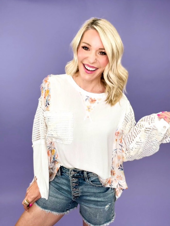 POL Tops - POL Cream Floral Crochet-Sleeve Blouse